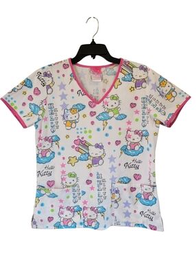 Vintage Sanrio Hello Kitty White Pink Clouds Lightning Scrub Top